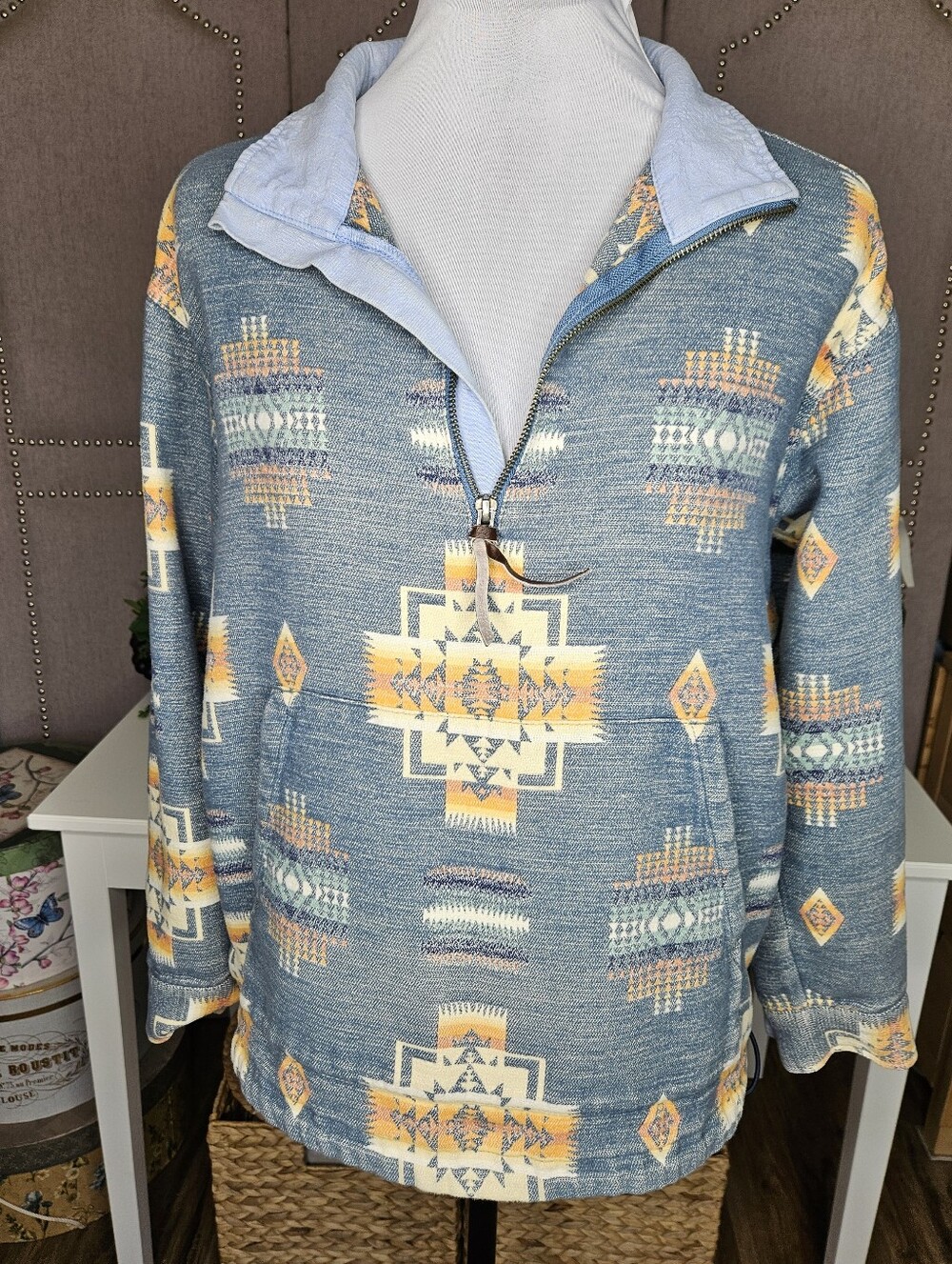 Pendleton Western Print Pullover 1/4 Zip Blue And Orange